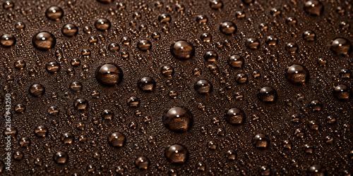 Water drops on dark brown textured surface with droplets condensation abstract moisture reflection material background