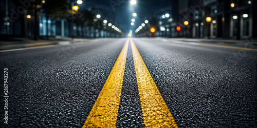 Empty wet asphalt road at night with double yellow lines pavement reflection illumination perspective transport infrastructu