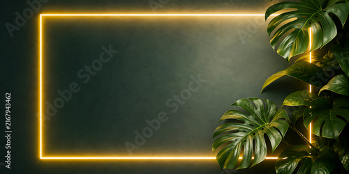 Dark moody wall with glowing yellow neon rectangle frame and tropical monstera leaves monstera background tropical botanical