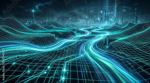 Futuristic digital landscape with glowing blue waves on grid terrain Generative AI