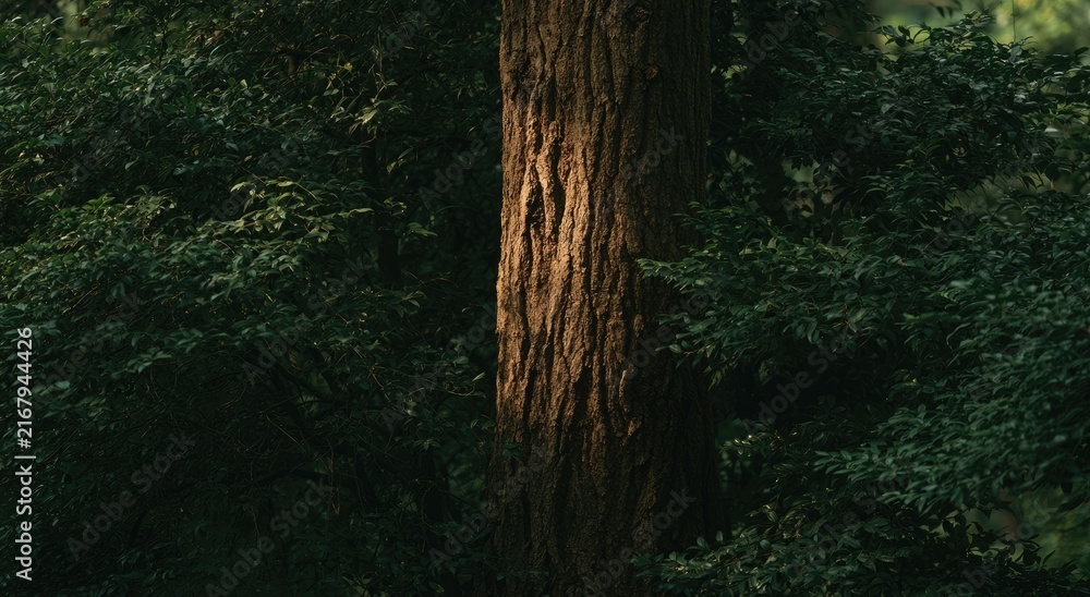 Obraz premium Majestic tree trunk illuminated by sunlight in a dense forest