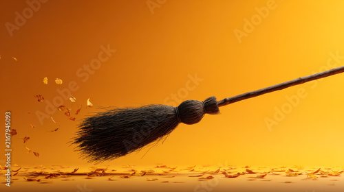 Halloween witch's broomstick flying. Minimal holiday celebration horror concept