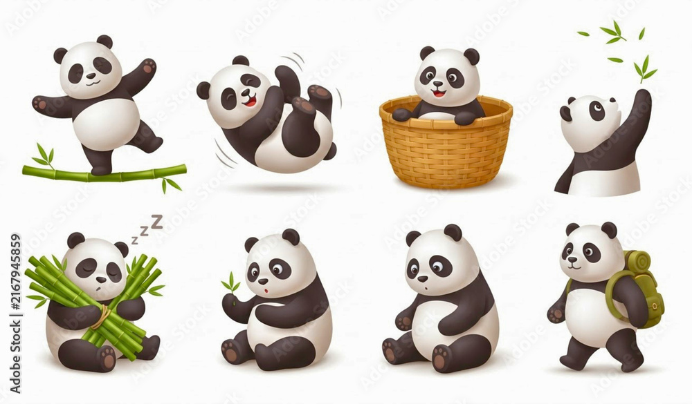 Obraz premium 3D Panda Illustration Collection Cute Bamboo Wildlife Characters and Playful Poses Vector Illustration