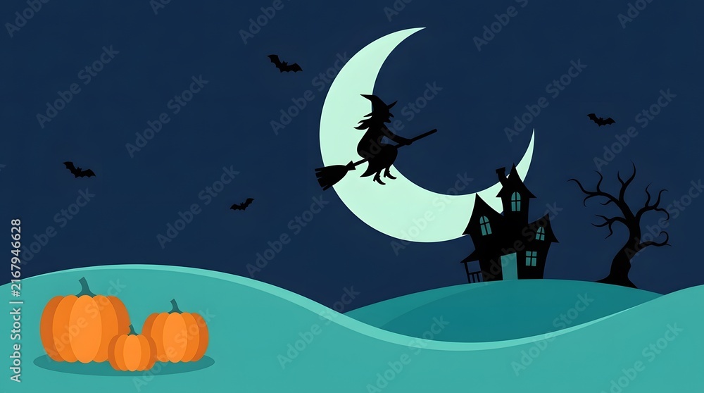 Fototapeta premium Spooky halloween background featuring a witch flying on a broomstick past a crescent moon and haunted house