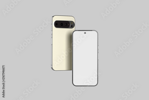 Modern Android smartphone mockup with blank display screen front and back view isolated on grey background 3d rendering
