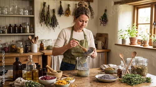 Woman preparing natural homemade beauty products with dried herbs