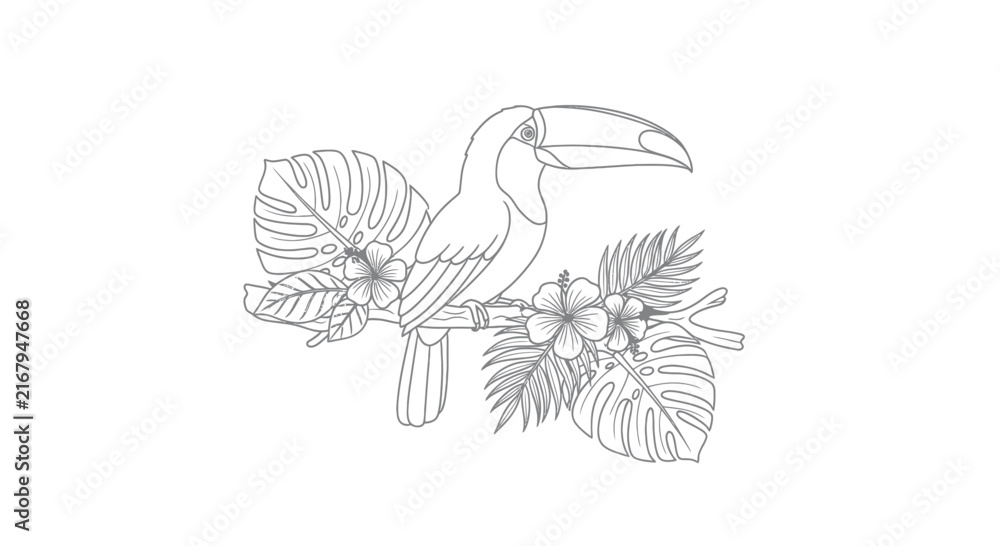 Fototapeta premium Toucan perched on a branch with tropical flowers.