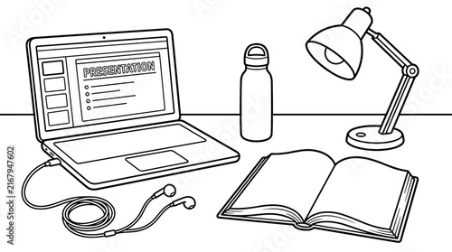 Laptop, open book, water bottle, and desk lamp on a flat surface, line art illustration