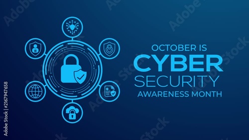 Cybersecurity Awareness Month animation featuring a digital lock, shield, network protection icons, and glowing blue security elements on a dark technology background.