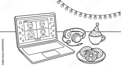 Laptop screen shows video call with four people, headphones, donuts, and hot chocolate with party hat