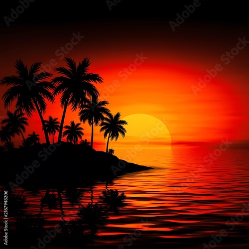 Tropical sunset over a calm ocean with silhouetted palm trees along a peaceful coastline, creating a dramatic exotic paradise landscape