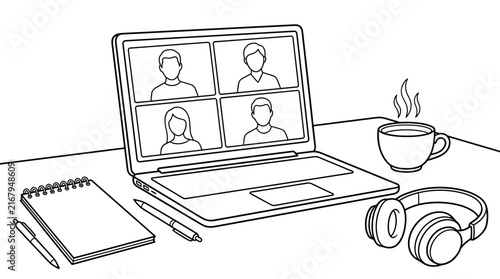 Online meeting on laptop screen with people, headphones, notebook, pens, and coffee cup on desk