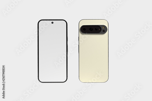 Modern Android smartphone mockup with blank display screen front and back view isolated on grey background 3d rendering