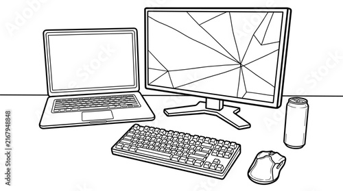 Computer setup with laptop, monitor, keyboard, mouse, and drink can on a desk, line art illustration
