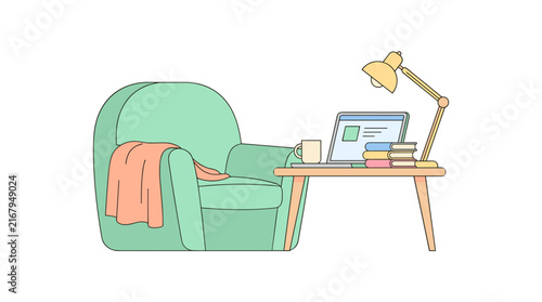 Cozy home office corner with armchair, desk, laptop, books, lamp, and mug, flat design illustration