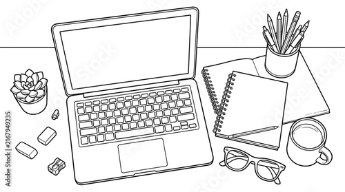 Creative workspace with laptop, notebook, pencils, plant, and coffee mug, top view line art illustration