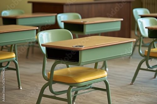 Empty classroom with vintage desks and chairs, softly lit