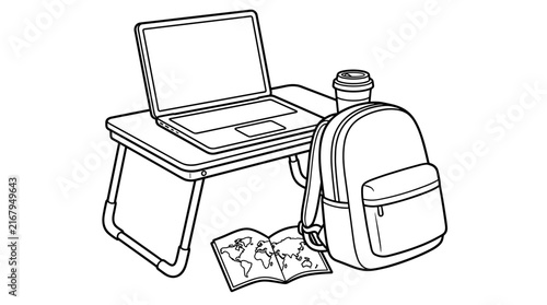 Digital nomad setup with laptop, backpack, coffee cup, and world map on a portable table, line art illustration
