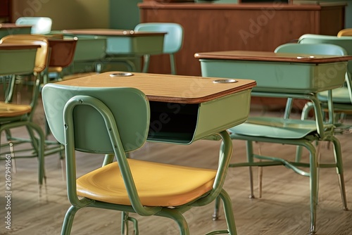 Empty retro school desks with wooden tops and green metal frames