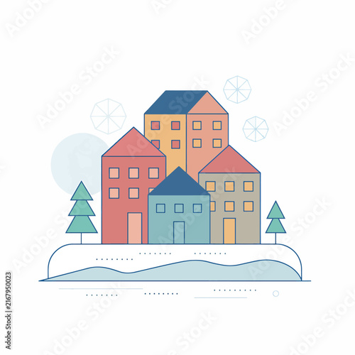 Colorful cartoon houses with snow on rooftops in winter village.