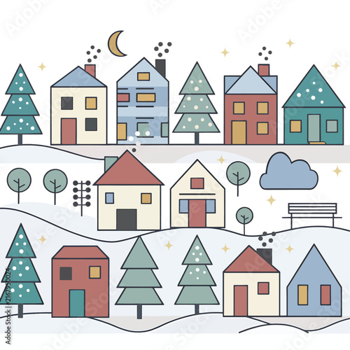 Colorful cartoon houses with snowflakes and holiday decorations.
