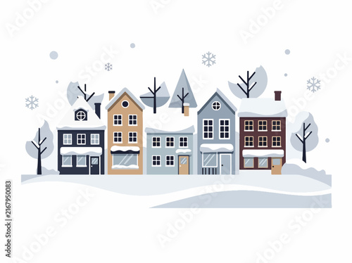 Colorful cartoon houses with trees and streetlamp illustration.
