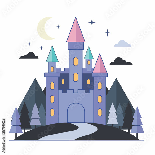 Colorful cartoon illustration of a festive castle with lights.