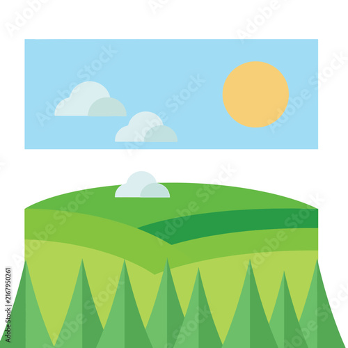 Colorful cartoon illustration of a green hill with yellow grass and blue sky.