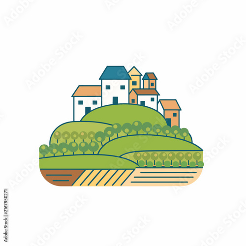 Colorful cartoon illustration of a house on a grassy hill.