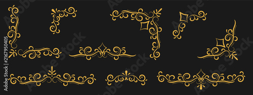 Elegant gold western flourishes, decorative corners and ornamental dividers on black, designed for luxury invitations, wedding stationery, certificates, labels and branding.