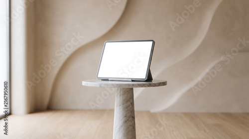 Sleek tablet on marble stand displaying “Multiple Screens” in a minimalist beige environment.