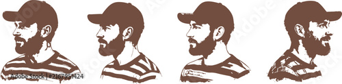 Profile portrait of a handsome bearded man wearing a black baseball cap and striped sweater, vector watercolor art isolated on white
