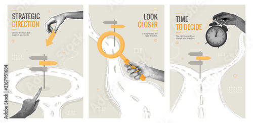 Strategic decision making, goal planning, and career path orientation. Stylish halftone collage. Banners with business concepts depicting hands, road signs, a magnifying glass, and a clock. 