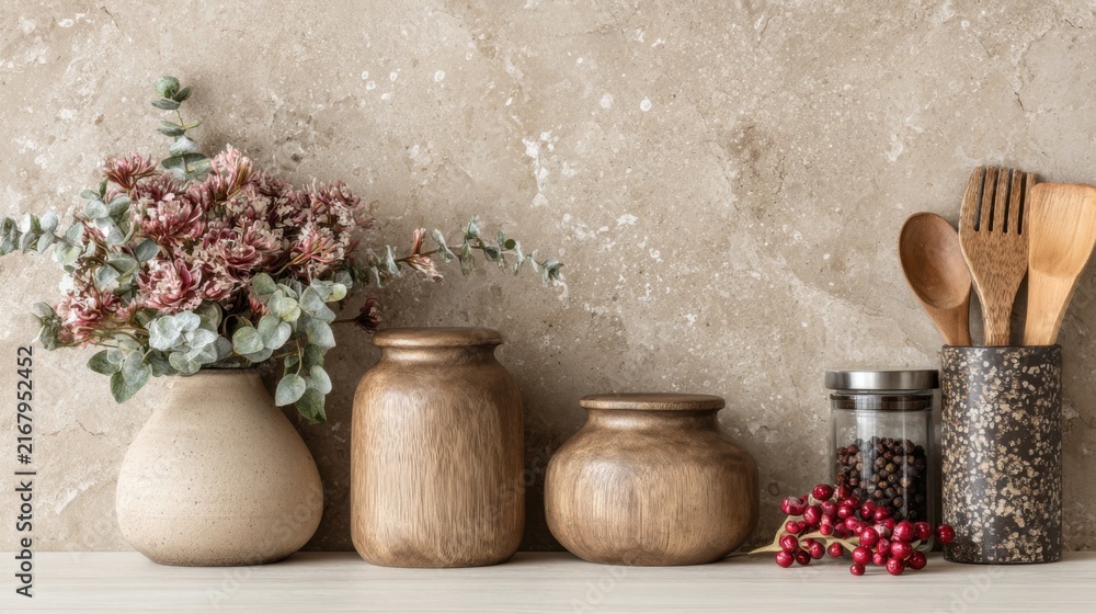 Fototapeta premium Rustic Wooden Vases with Botanical Arrangement on Textured Wall