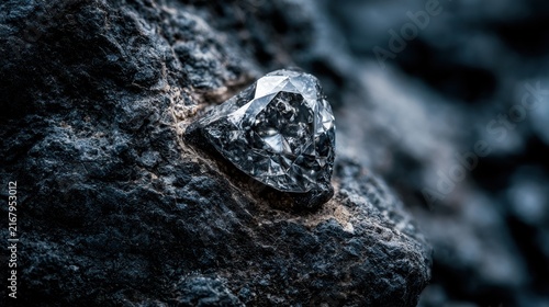 Rough diamond gemstone resting on dark rocky surface macro shot