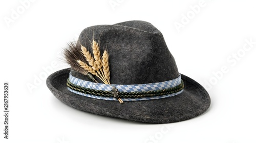 Traditional Bavarian Oktoberfest grey felt hat isolated on a white background