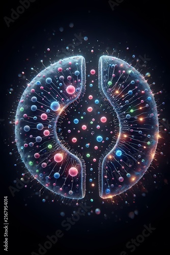 A neurons scene showing a microscopic view of a synapse with neurotransmitters being released, represented as glowing, colorful bubbles, Ai generated image