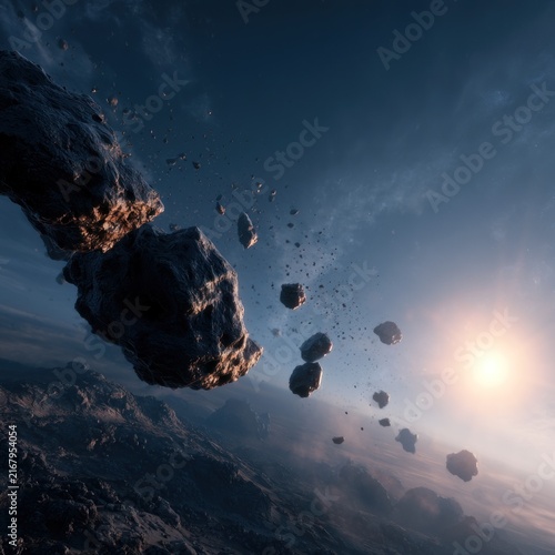Massive asteroids tumbling through deep space under bright star light