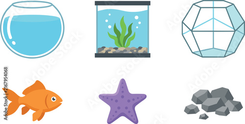 Glass aquarium bowls and underwater fish tank accessories vector icon set.