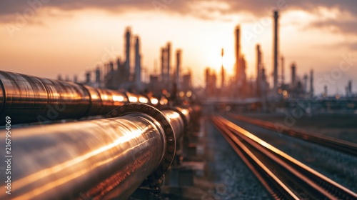 Industrial oil and gas refinery pipelines and railroad tracks at sunset