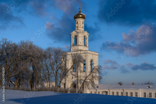 Gate Bell Tower of the St. George (Yuriev) Monastery on a sunny winter day, Veliky Novgorod, Russia