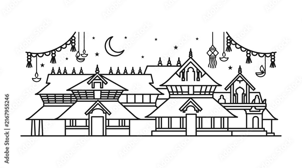 Obraz premium Traditional Indian Temple Architecture Line Art Illustration.