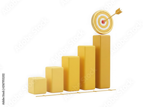 3d yellow bar chart with a target icon on top for business success isolated on transparent background