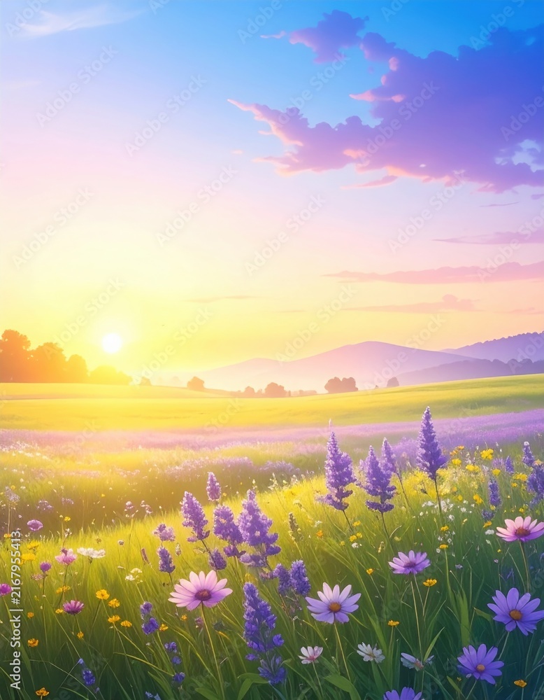 Obraz premium A vibrant sunrise illuminates a blooming meadow filled with purple and white wildflowers against distant hills and a colorful sky.