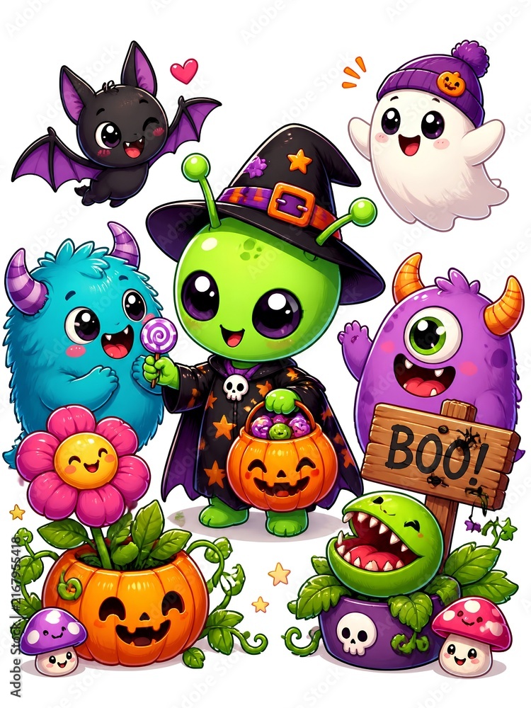 Obraz premium a collection of cute chibi monsters celebrating Halloween. At the center stands a friendly green alien dressed as a witch holding a pumpkin candy bucket, surrounded by fluffy monsters.