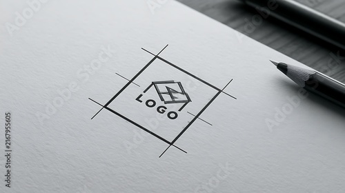 Black pencil sketching a architectural logo blueprint design on white paper. Ideal for corporate branding and graphic design concepts.