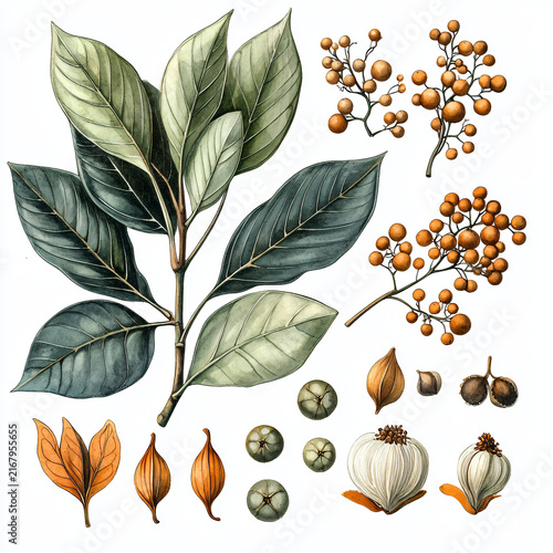Detailed Botanical Illustration of Leaves and Seed Pods in Natural Style