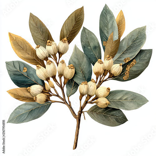 Botanical Illustration of Branch with Leaves and Flower Buds in Detail