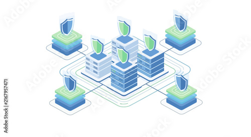 Futuristic network of interconnected data centers in isometric style.