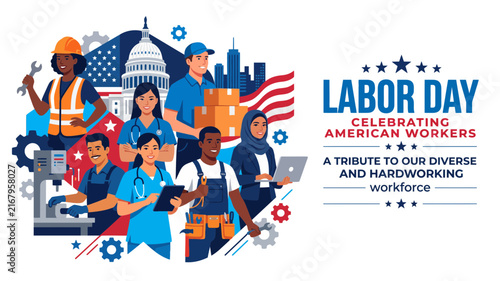 Labor Day Celebration Vector Illustration with Diverse Group of Professional American Workers and National Symbols